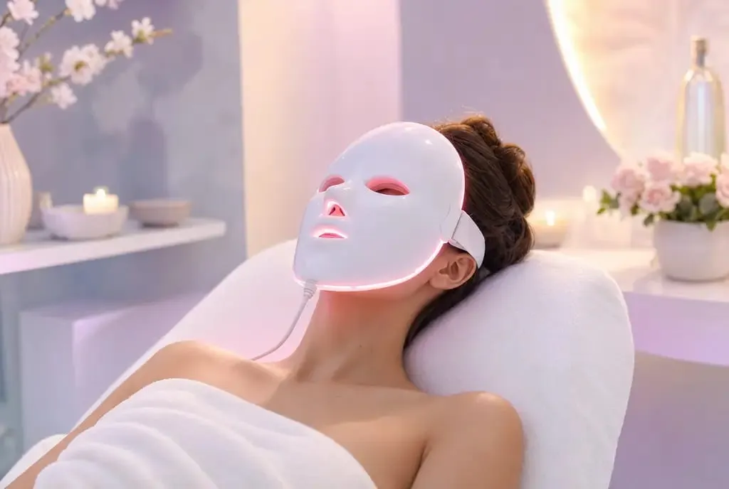 Žena s LED maskou na tvár