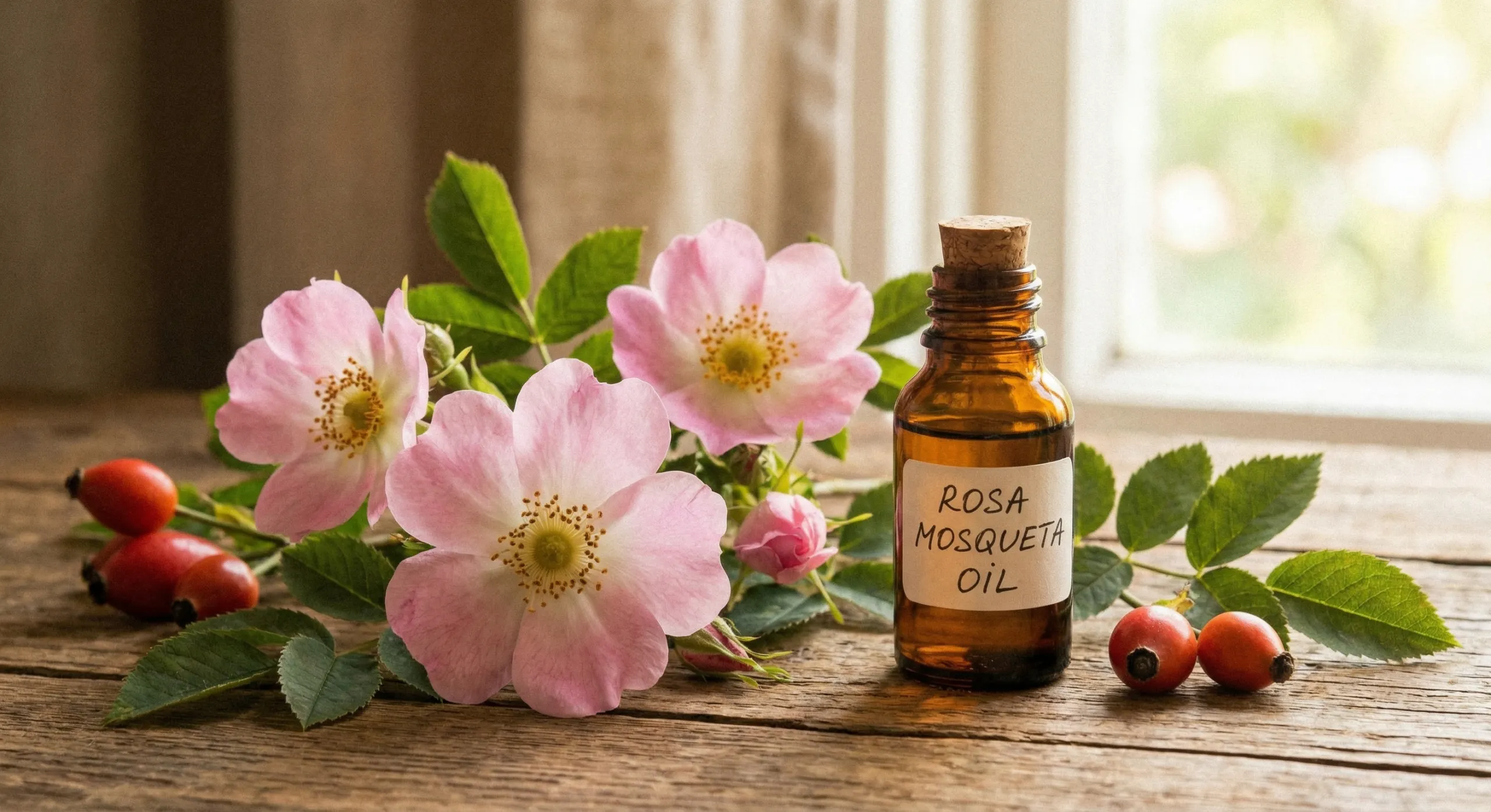 Kvety rosa mosqueta a fľaštička šípkového oleja na drevenom povrchu