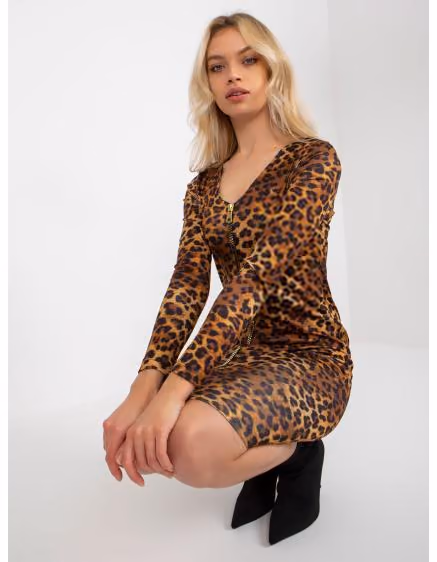Dámske svetlohnedé šaty s leopardím vzorom a zipsom CARESS – TheyWear.sk