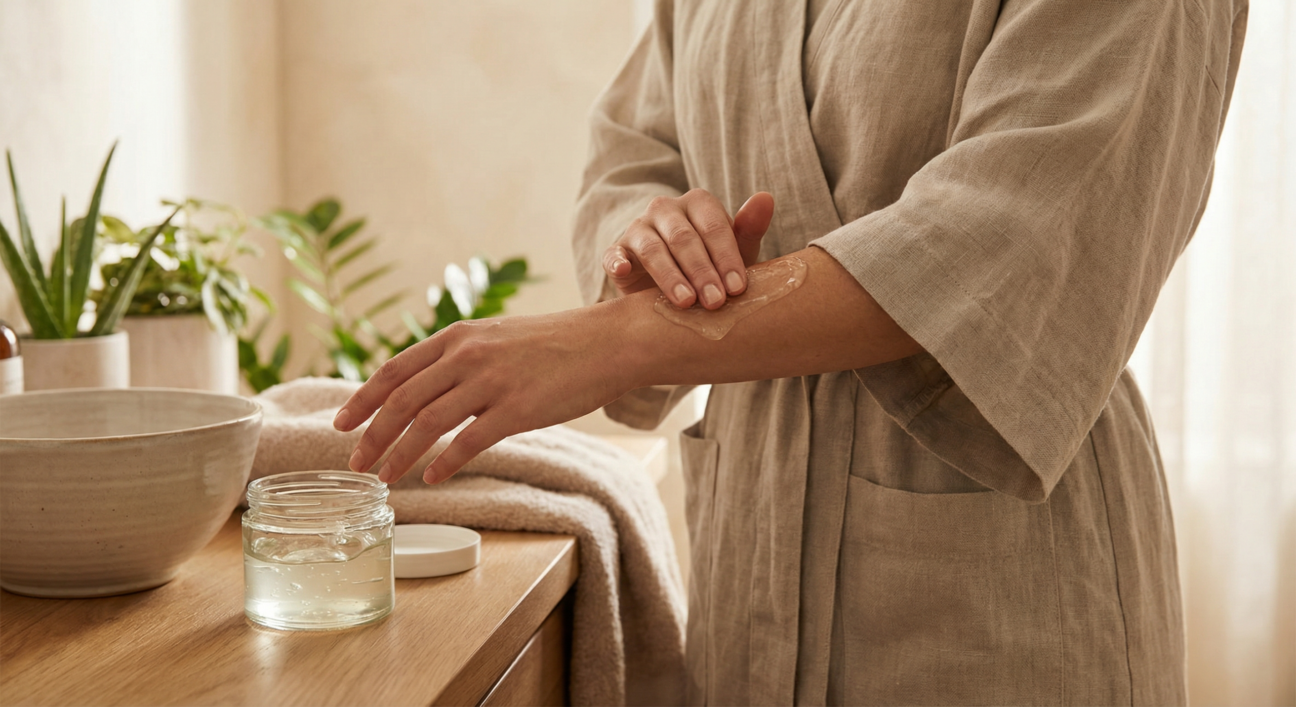 Aloe vera účinky: prečo je kanárske aloe vera najlepšie na svete 3 Žena nanáša aloe vera gél na pokožku ruky