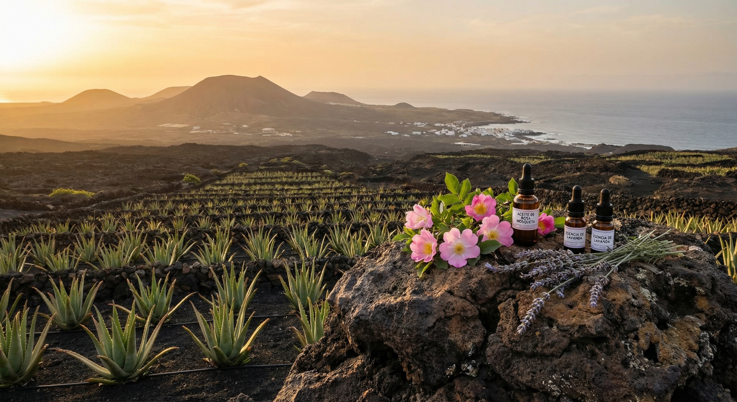 Prírodná kozmetika z Kanárskych ostrovov: prečo je taká výnimočná 1 Prírodná kozmetika z Kanárskych ostrovov – plantáž aloe vera s vulkanickou krajinou a prírodnými olejmi