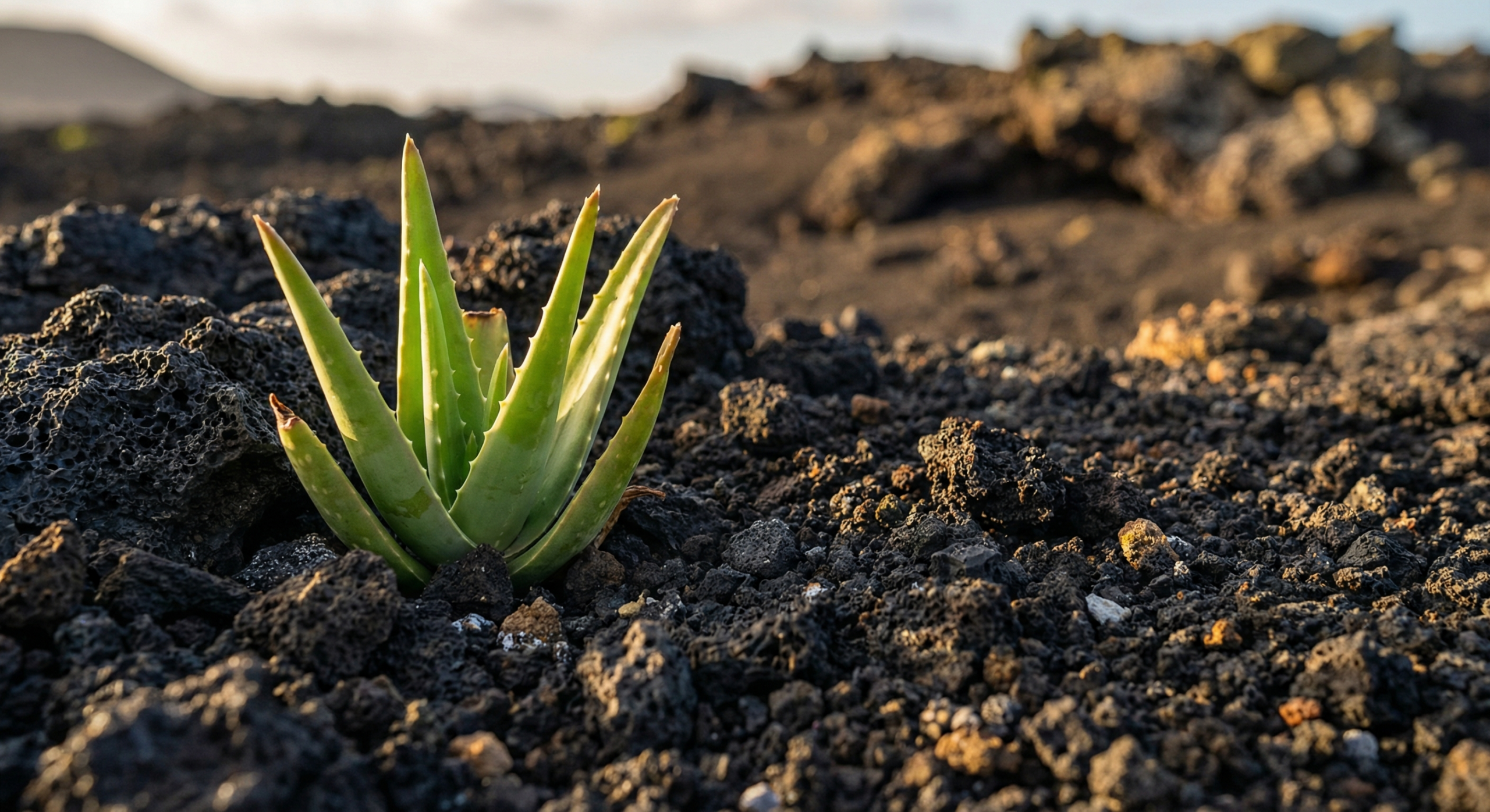 Prírodná kozmetika z Kanárskych ostrovov: prečo je taká výnimočná 4 Mladá rastlina aloe vera rastúca v tmavej vulkanickej pôde Kanárskych ostrovov